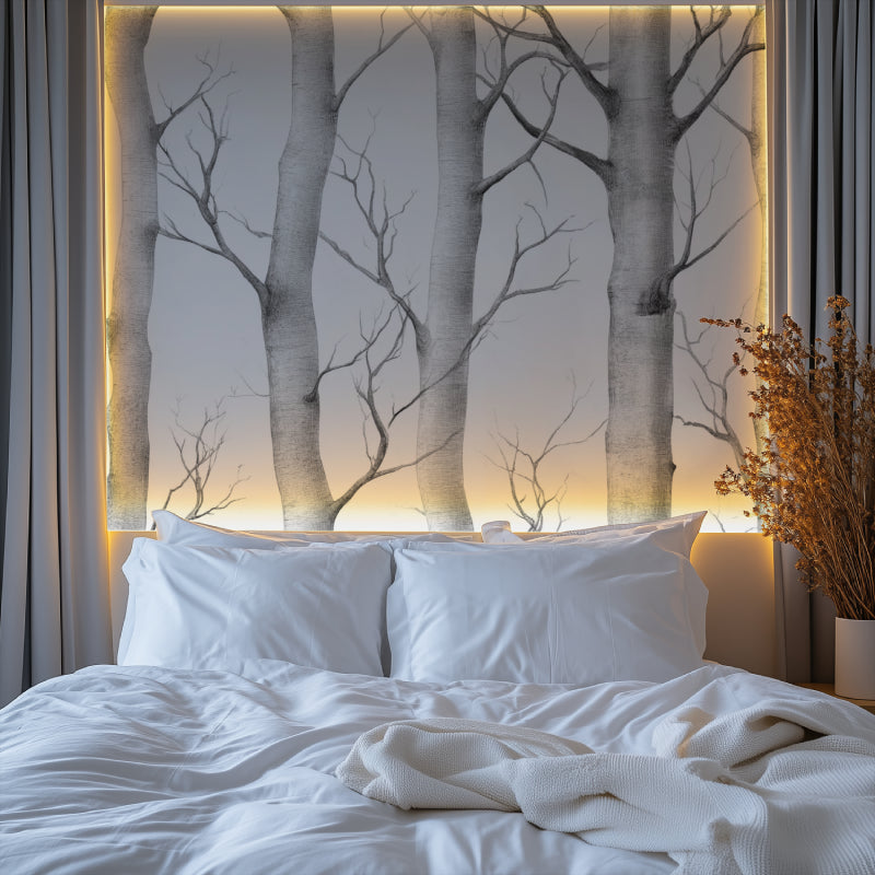 Forest tree wallpaper adding depth to a minimalist dining room space