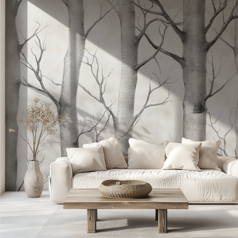 Grey birch tree mural making a home office feel calm and focused