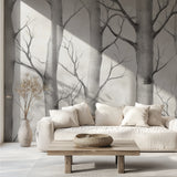 Grey birch tree mural making a home office feel calm and focused