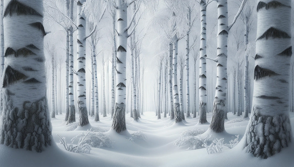 Winter birch forest wallpaper design file showing misty snow scene with white tree trunks
