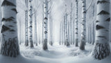 Winter birch forest wallpaper design file showing misty snow scene with white tree trunks