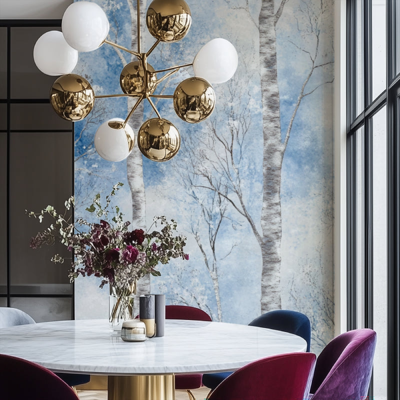 Bedroom featuring winter forest wallpaper with silver birch trees and blue sky