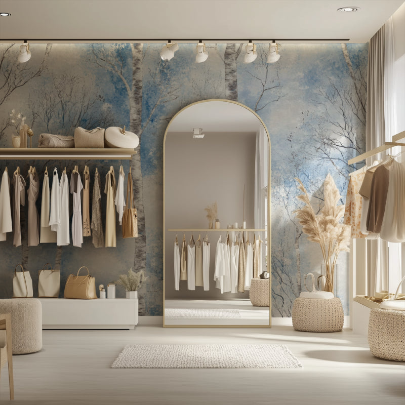 Home office space with forest wallpaper showing winter birch trees against blue sky