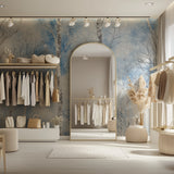 Home office space with forest wallpaper showing winter birch trees against blue sky