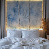 Meditation room with winter forest wall mural creating a peaceful setting