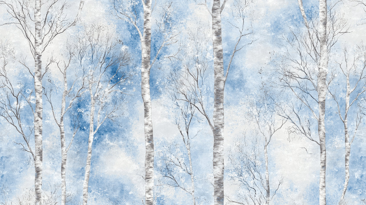 Winter birch trees with blue sky design file showing detailed bark texture and misty atmosphere