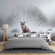 Winter fox wallpaper mural displayed in a cozy Scandinavian living room with natural light streaming through windows