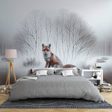 Winter fox wallpaper mural displayed in a cozy Scandinavian living room with natural light streaming through windows