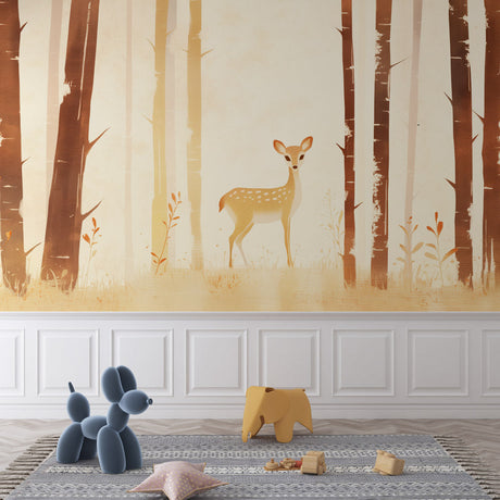 Forest animals wallpaper creating a cozy atmosphere in a modern nursery with natural light