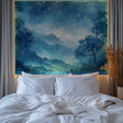 Night forest wallpaper creating a cozy atmosphere in a modern bedroom with soft lighting