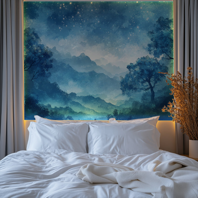 Night forest wallpaper creating a cozy atmosphere in a modern bedroom with soft lighting