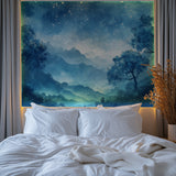 Night forest wallpaper creating a cozy atmosphere in a modern bedroom with soft lighting