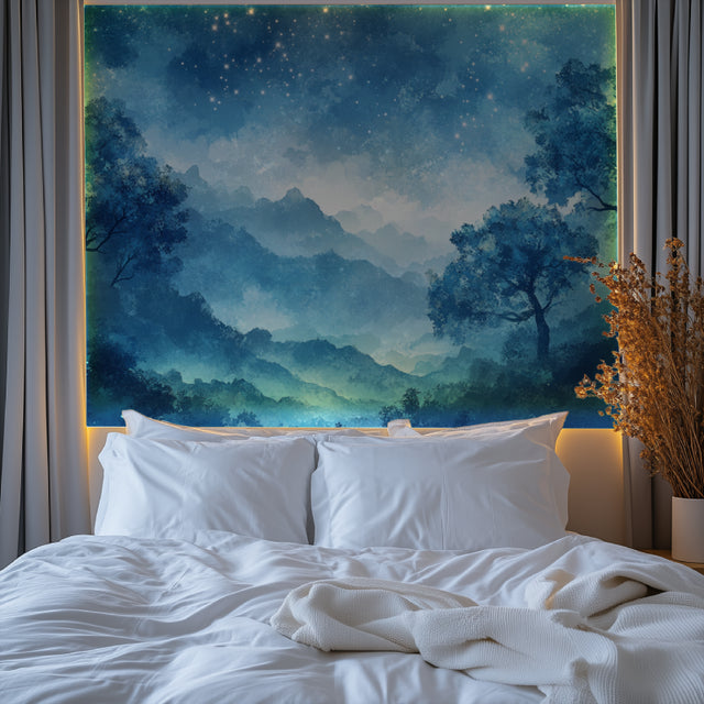Night forest wallpaper creating a cozy atmosphere in a modern bedroom with soft lighting