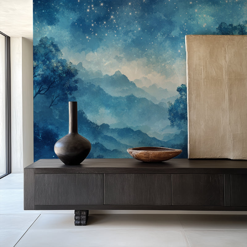Night sky forest wallpaper transforming a home office into a peaceful retreat