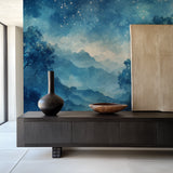 Night sky forest wallpaper transforming a home office into a peaceful retreat