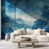Starry night forest mural bringing nature indoors in a contemporary dining room