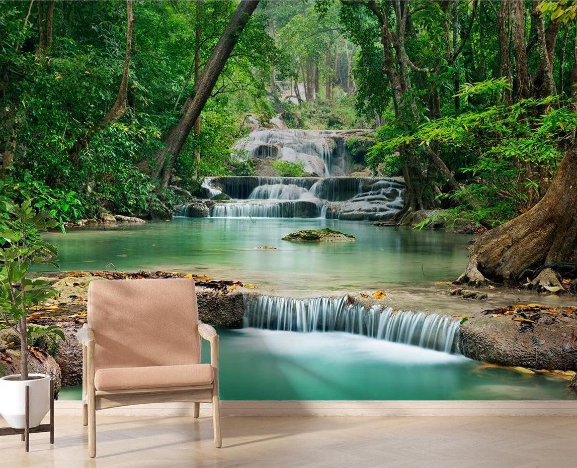 Forest waterfall mural bringing nature into a peaceful bedroom setting