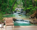 Forest waterfall mural bringing nature into a peaceful bedroom setting