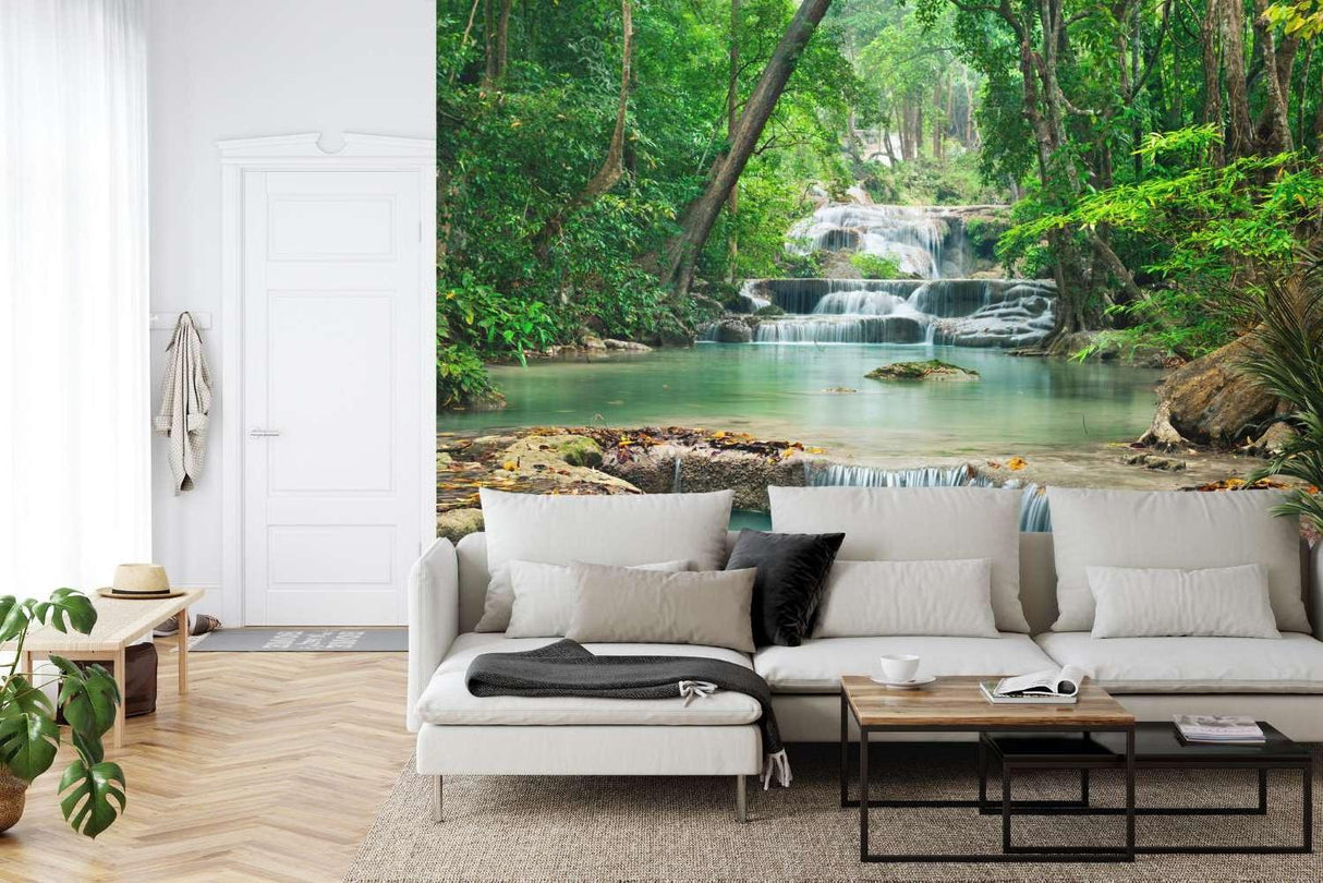 Turquoise waterfall wallpaper transforming a home office into a tropical paradise