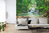 Turquoise waterfall wallpaper transforming a home office into a tropical paradise