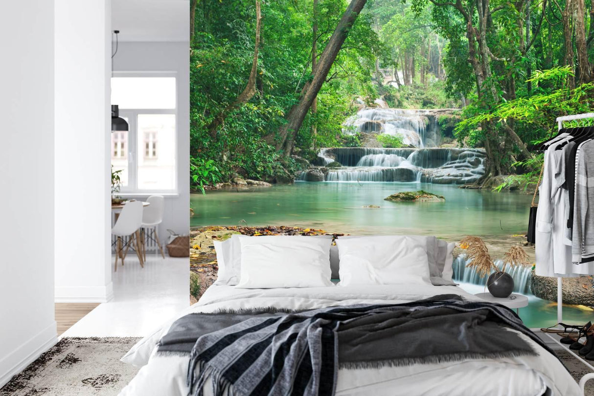 Paradise waterfall mural making a bathroom feel like a luxury spa retreat