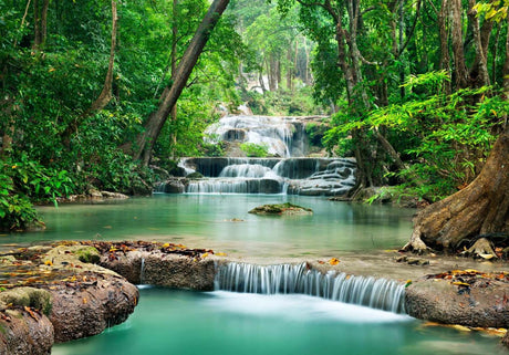 Turquoise waterfall and forest design file showing intricate details and rich natural colors