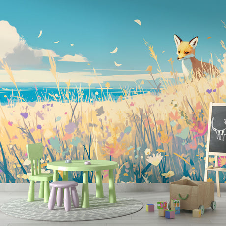 Fox Coastal Meadow Wallpaper creating a peaceful atmosphere in a bright living room with natural light