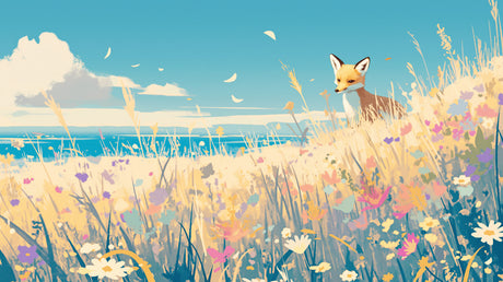 Fox Coastal Meadow Wallpaper design file showing detailed wildflowers and ocean horizon