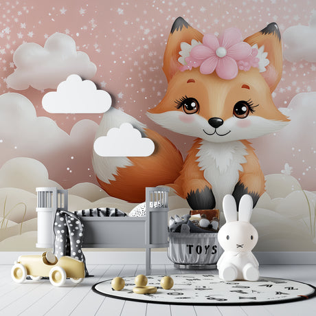 Fox wallpaper mural creating a cozy atmosphere in a modern nursery with pink and white furniture