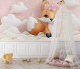 Winter fox wallpaper design brightening up a baby girl's nursery with matching decor