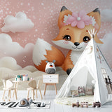 Woodland fox mural wallpaper displayed in a playroom with natural light