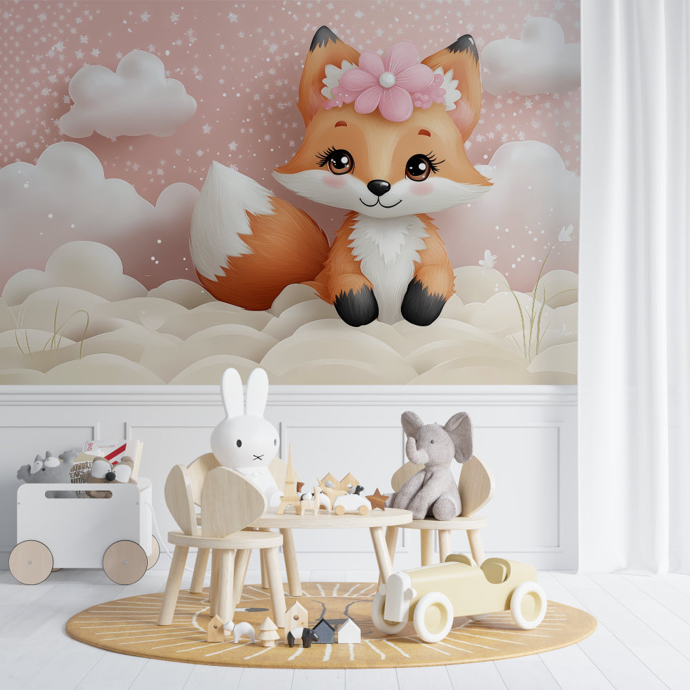 Pink winter fox mural creating magic in a toddler's bedroom setup