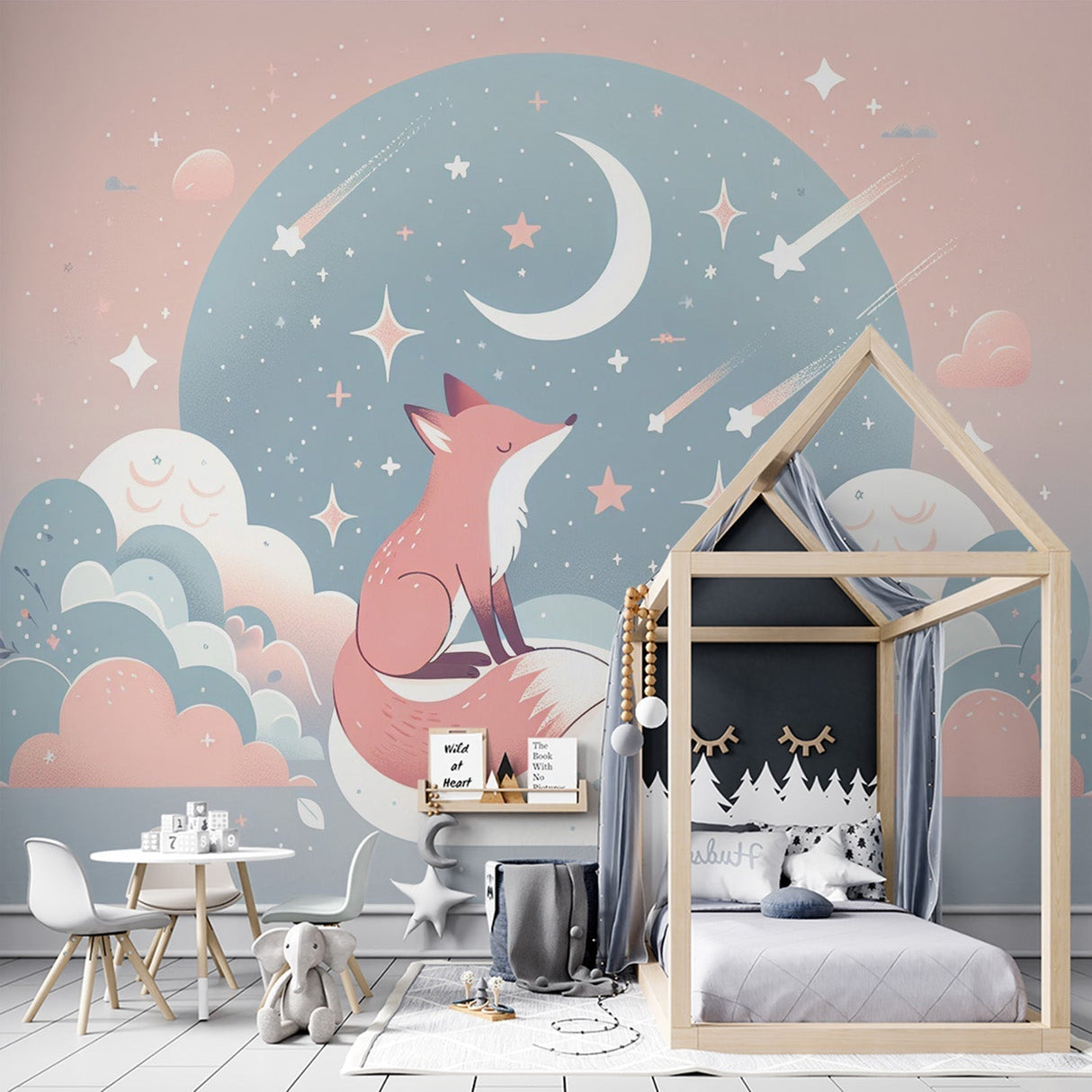 Fox Mural Wallpaper creating a magical atmosphere in a cozy nursery with soft lighting and gentle stars