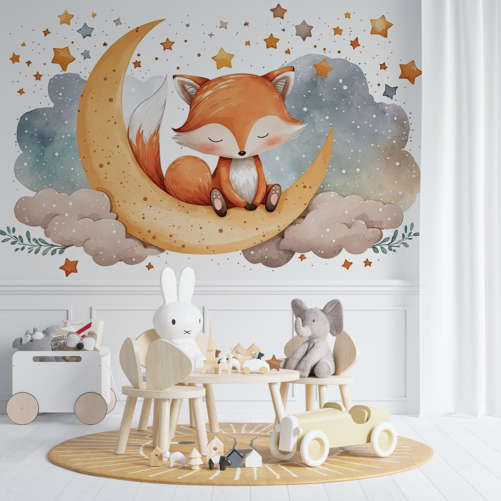 Dreamy fox wall mural creating magic in kid's reading nook with cozy chair