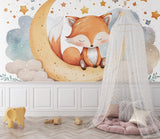 Fox mural wallpaper in baby room with crib and night light