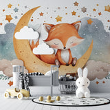 Woodland fox wallpaper bringing charm to playroom with toy storage