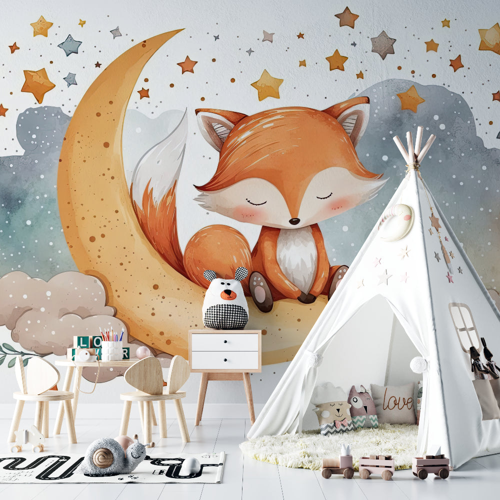 Night sky fox mural in toddler bedroom with moon-shaped lamp