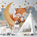 Night sky fox mural in toddler bedroom with moon-shaped lamp