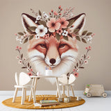 Fox Mural Wallpaper creates a magical atmosphere in a soft-toned nursery, with natural light highlighting the floral details