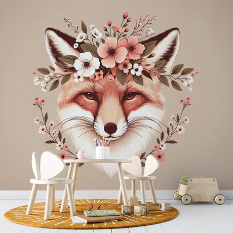 Fox Mural Wallpaper creates a magical atmosphere in a soft-toned nursery, with natural light highlighting the floral details