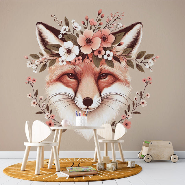 Fox Mural Wallpaper creates a magical atmosphere in a soft-toned nursery, with natural light highlighting the floral details