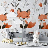 Fox nursery wallpaper in modern baby room with white crib and rocking chair