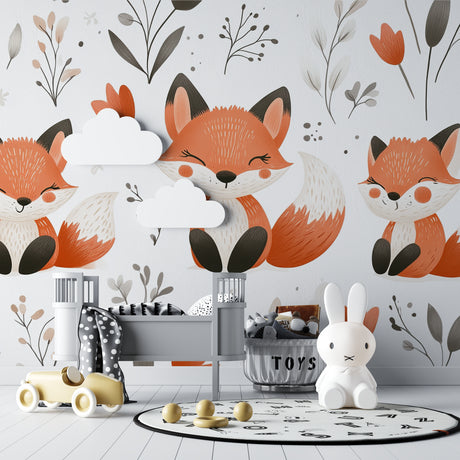 Fox nursery wallpaper in modern baby room with white crib and rocking chair
