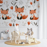Woodland fox wallpaper bringing charm to playroom with natural lighting