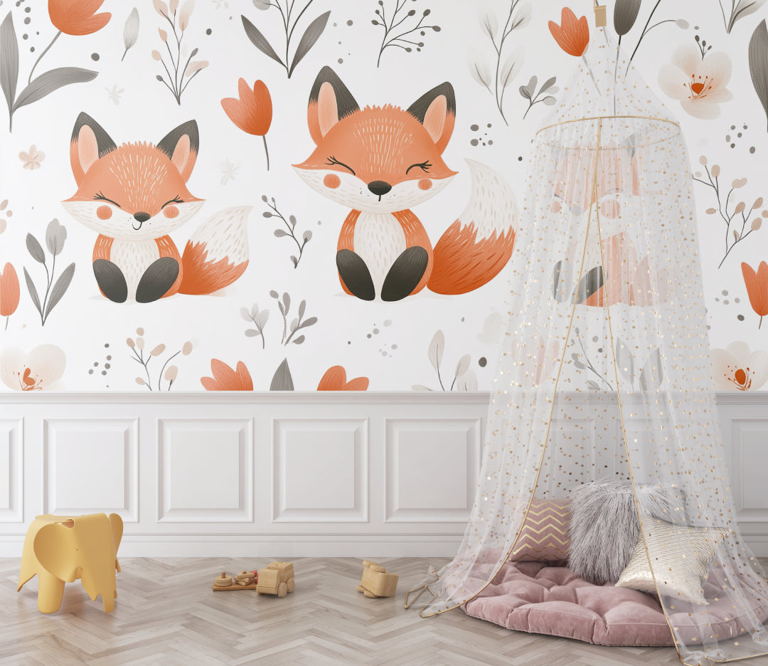 Fox and flowers wall mural styled in gender-neutral nursery setting