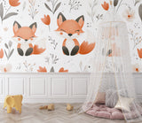 Fox and flowers wall mural styled in gender-neutral nursery setting