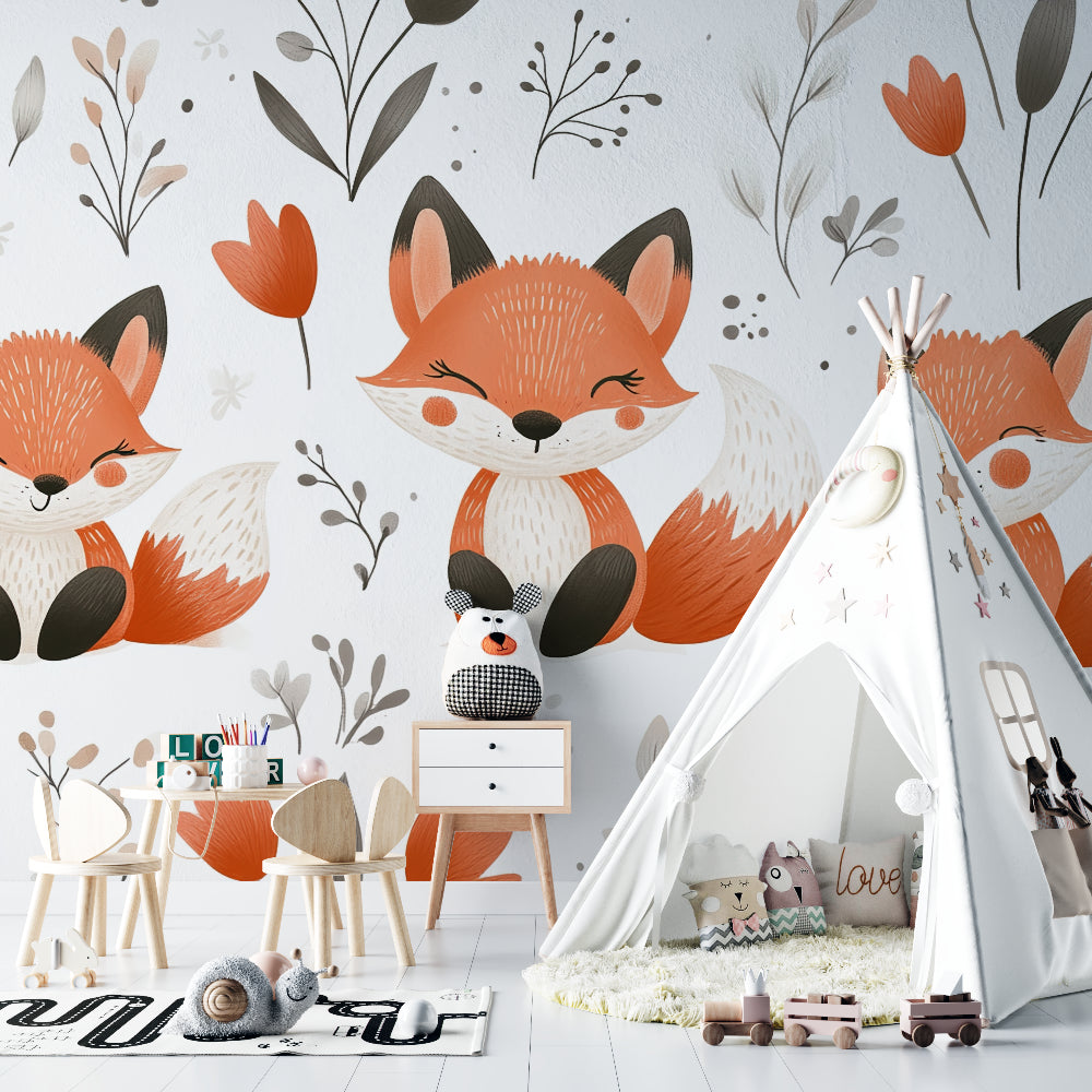 Orange fox wallpaper creating magical atmosphere in baby's room