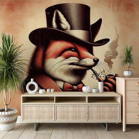 Vintage Fox Wallpaper creating a sophisticated atmosphere in a modern study with leather armchair and wooden desk