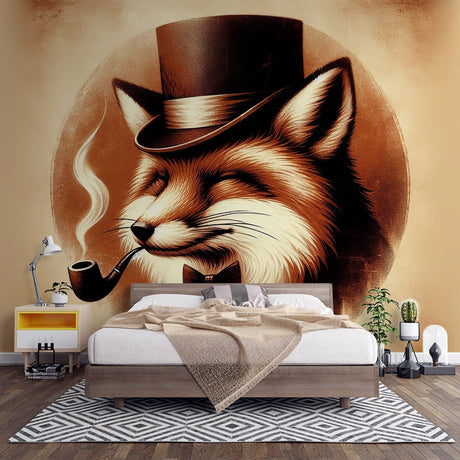 Vintage Fox Wallpaper displayed in a cozy study room with leather armchair and wooden desk