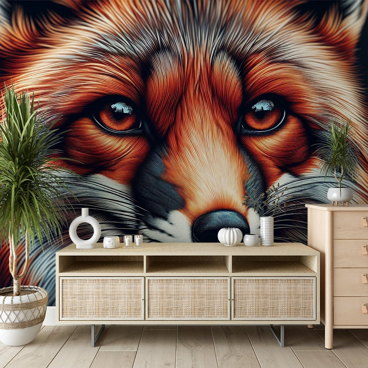 Fox mural wallpaper creating a stunning focal point in a modern living room with grey furniture and natural light